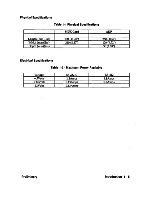 Table 1-1 Physical Specifications 