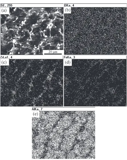 Fig. 6　SEM micrographs and EDS mapping of ceramic layer adding with 8% ZrO2: (a) SEM photograph, (b) O, (c) Zr, (d) Fe, (e) Al.