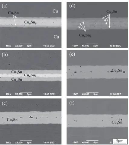Fig. 4　Effect of Zn addition on IMC growth as a function of bond times of (a) 300, (b) 600, and (c) 1800 s for the Design-C1 faying surface and of (d) 300, (e) 600, and (f) 1800 s for the Design-C2 faying surface