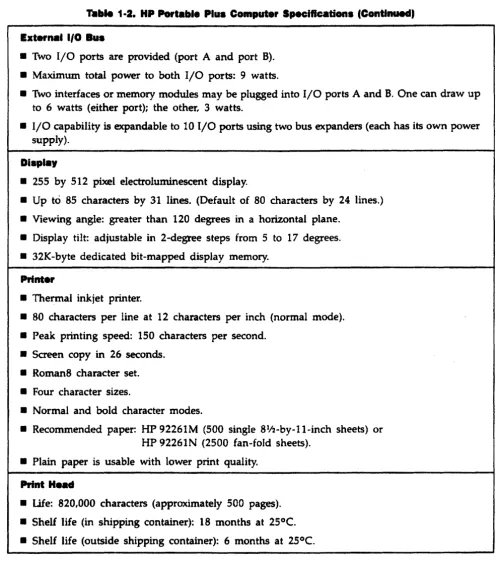 Table 1·2. HP Portabl. Plus Computer Specifications (Continued) 