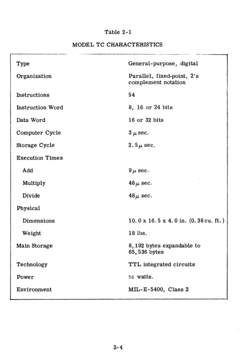 Table 2-1 MODEL TC CHARACTERISTICS 