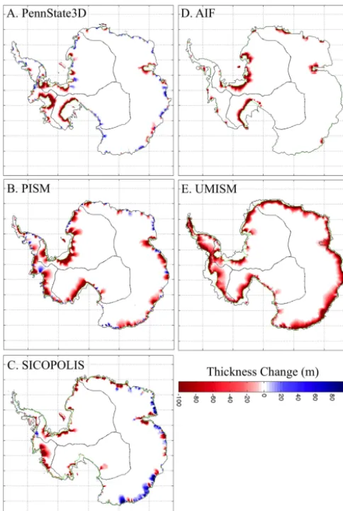 Figure 5. Ice-thickness change after 100 years under the SeaRISEDue to their coarse resolution, some models with explicit represen-tation of ice shelves such as the PISM model tend to underestimatethe length of the coastline to which an ice shelf is attach