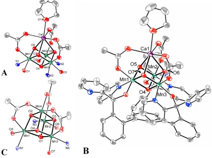 Figure 4.1 Solid-state structures of (A) truncated Mn3CaO4 cubane in 8, (B) full structure of 8, and (C) truncated Mn4O4 cubane in 6