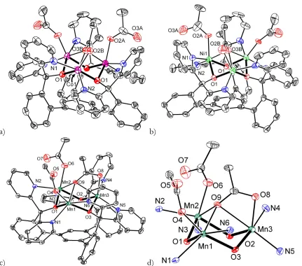Figure 2.1 a-c) Solid-state structures of LCo3(OAc)3, LNi3(OAc)3, and LMn3(OAc)3, 