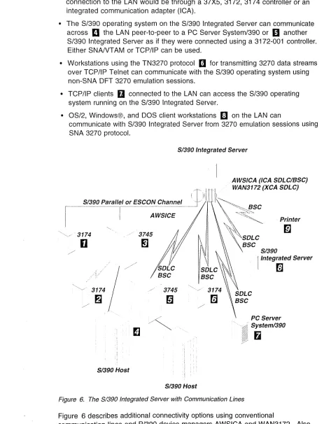 Figure 6 describes additional connectivity options using conventional communication lines and P/390 device managers AWSICA and WAN3172