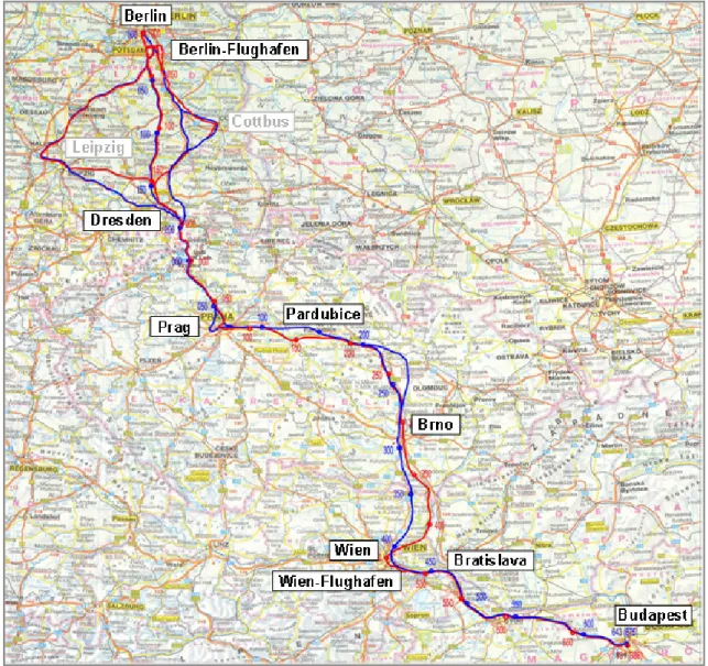 Figure 5: Route variants (red: railway, blue: maglev train) [2] 