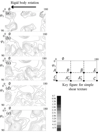 Fig. 4　The φ2 = 45 ◦  section of the ODF of (a) the 0 pass, (b) the 0.25 pass, (c) the 0.5 pass, (d) the 0.75 pass and (e) the 1 pass, pure copper samples during SSE.