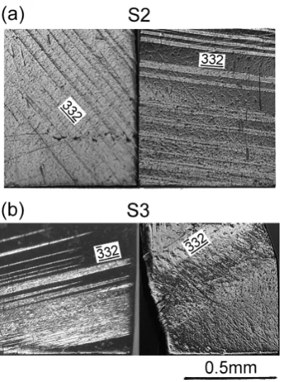 Fig. 4　{332}〈113〉 twin bands produced on two orthogonal side surfaces of (a) S2 and (b) S3 specimens compressed at 77 K.