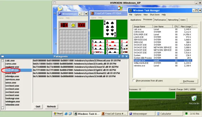 Figure 3: Output of both Patagonix and the Task Manager when the FU rootkit is used to hide freecell.exe.