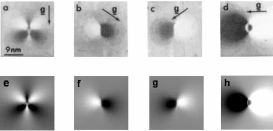 Figure 3.5: Simulated dark-field images of a perfect dislocation loop with ~b = 1/2 0 1 1 under two-beam dynamical conditions