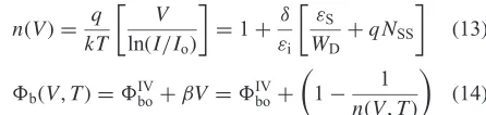 Table 1Temperature-dependent values of various parameters determinedfrom I-V and C-V characteristics of the Au/PEDOT:PSS/n-Si Schottkybarrier diode.