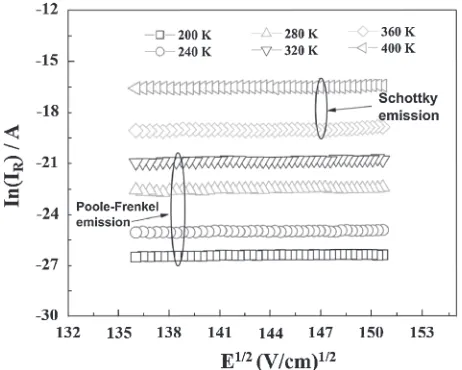 Fig. 9Reverse current (in logarithmic scale) versus E1/2 plots for the Au/PEDOT:PSS/n-Si SBD at different temperatures.