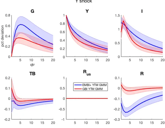 Figure 1.19: Shock to output; impulse response of model variables to an orthogonal government consumption shocks