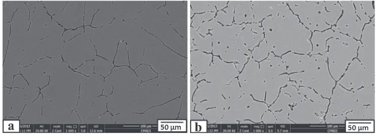 Fig. 1SEM micrographs of the AA6028 alloy (a) and its nanocomposite (AA6028 alloy/2 mass% Al2O3) (b) base metals.