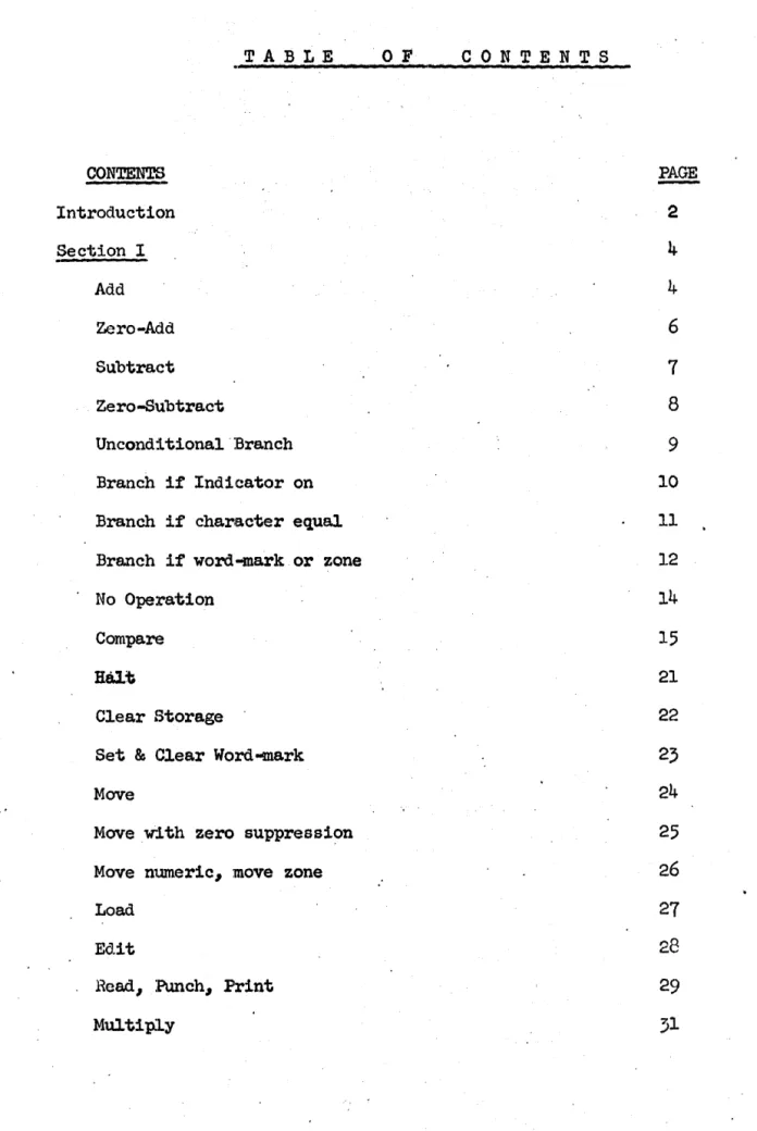 TABLE  CONTENTS  Introduction  Section  I  Add  Zero-Add  Subtract  Zero-Subtract  Unconditional ':Branch  Branch  if  Indicator  on  Branch  if  character  equal  Branch  if  word~arkor  zone  No  Operation 
