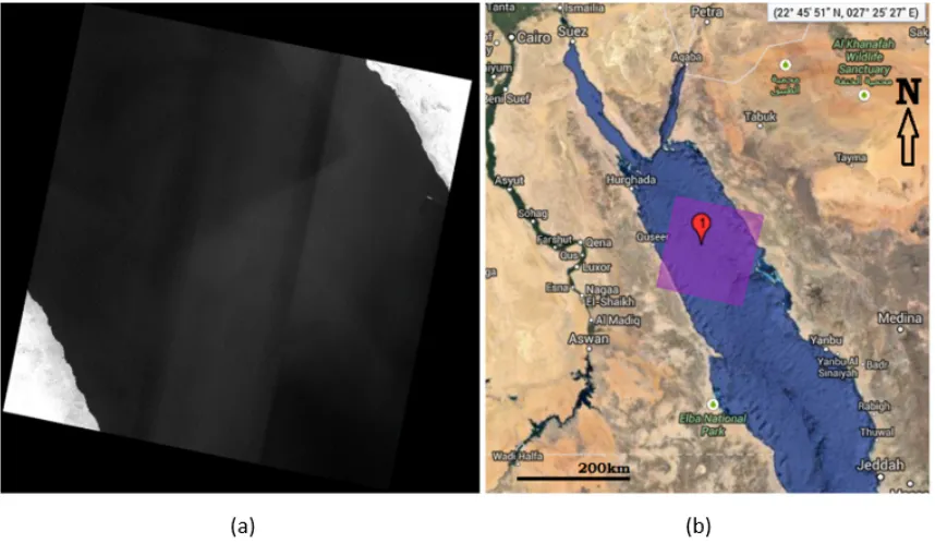 Figure 3.4: (a) TIRS band 11 (11.50–12.51 µranging from 8.5 to 11.5 W/mis evident in the across-track direction between the three FPAs.Earth Explorer showing the extent of the scene