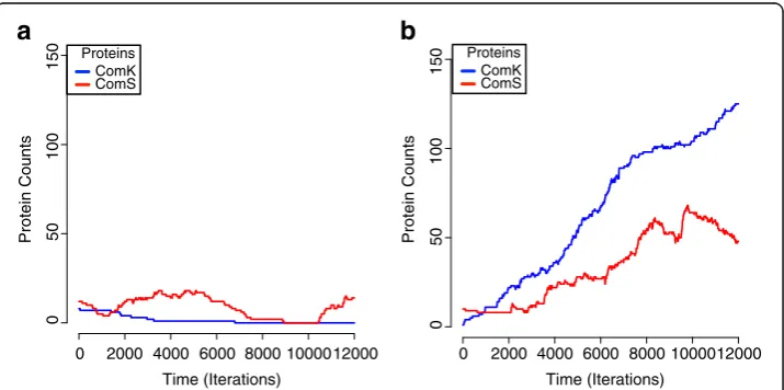 Figure 5 Identical initial parameters result in two distinct phenotypes. This figure shows twosimulations of the intracellular model with the only difference between them being the random spatialplacement of agents in the 3-D grid