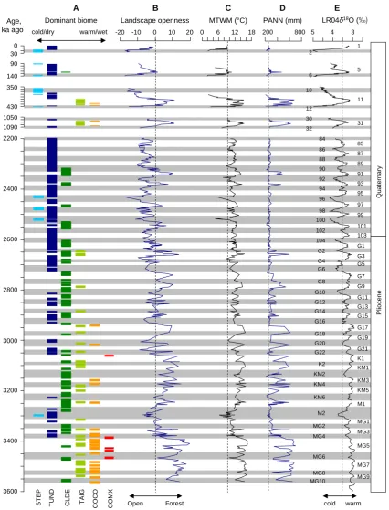 Fig. 7. Summary of paleoenvironmental trends betweenFig. 7 ∼ 3580 and ∼ 2200 ka ago showing the (A) time series of the dominant vegetationtypes (biomes); (B) characteristic of landscape openness calculated as the difference between the maximum score of the