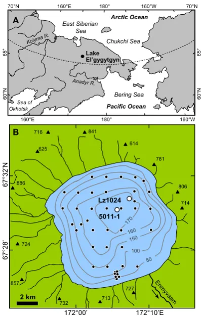 Fig. 1. Maps showing (A) geographical location of LakeEl’gygytgyn (black dot; 67◦30′ N, 172◦05′ E; 492 m a.s.l.) in north-eastern Siberia; and (B) the catchment area of Lake El’gygytgynwith associated hydrological network