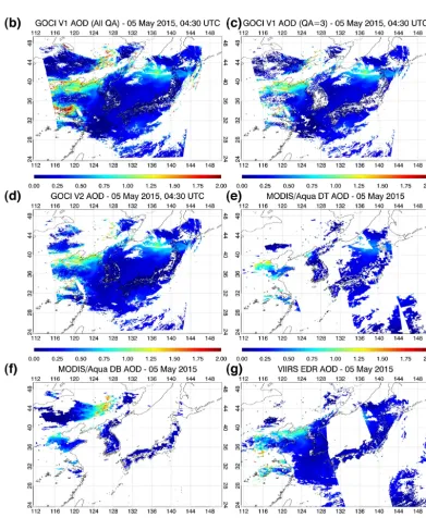 Figure 2. (a) GOCI RGB images and AOD for (b) GOCI V1 all QA, (c) GOCI V1 QA3, (d) GOCI V2, (e) MODIS/Aqua DT,(f) MODIS/Aqua DB, and (g) VIIRS EDR algorithms on 5 May 2015 over Northeast Asia.