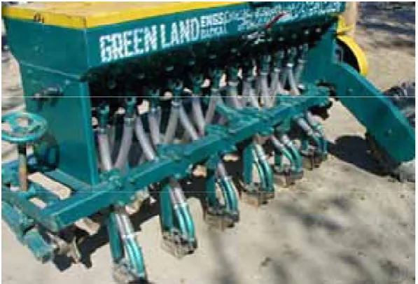 Figure 202 shows a gravity drop seed delivery system using a long, rigid, dropper tube with a rearward deflection to convey seed from a precision meter to a single disc type furrow opener