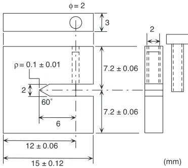 Fig. 1Dimensions (in mm) of a compact tension specimen.