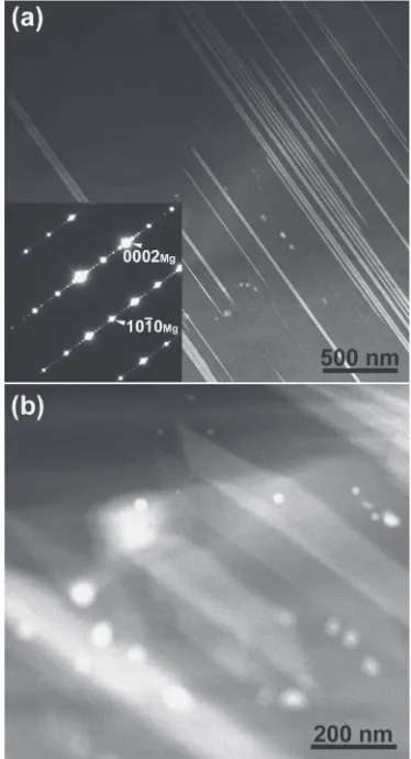 Fig. 1(a) HAADF-STEM image and SAED pattern of a Mg97Zn1Gd2 castalloy after aging at 773 K for 18 ks