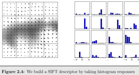 Figure 2.4: We build a SIFT descriptor by taking histogram responses from 4 × 4 sampled gradient points around a feature