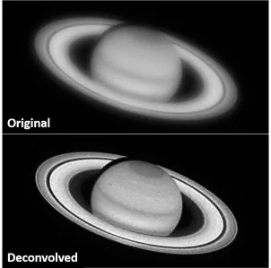 Figure 2-9. Example of Deconvolution from Hubble Space Telescope. Hubble Space Telescope original image of Saturn (with WFPC1 F718 filter) is shown on top, and below is the image restored with PSF deconvolution