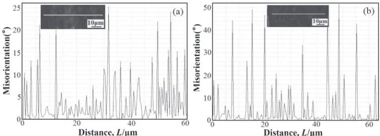 Fig. 5Misorientation distribution along the lines in the orientation maps referred to the drawn direction in the drawn ©110ª single crystalwith a strain of 2.77: (a) near the surface and (b) at the center