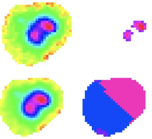 Figure 8: Top: Example of pixel grouping for computing the multimode (M) statistic.The left image shows pixel intensities for a merger galaxy, while the right image showsonly those pixels associated with the largest intensity values