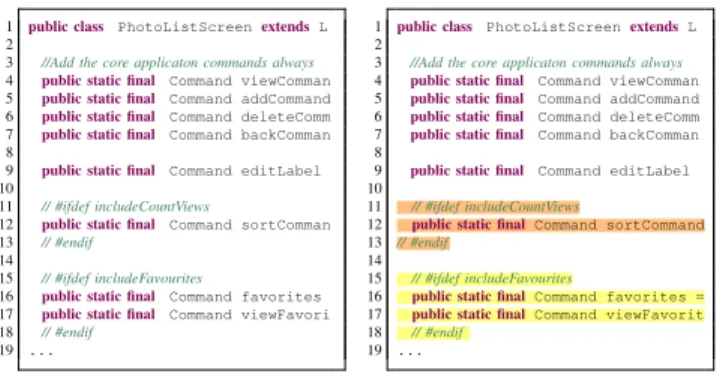 Figure 1. Comparison of #ifdef directives (left) and colors (right). In the colored version, Lines 11 to 13 are annotated with orange background color, Lines 15 to 18 with yellow.