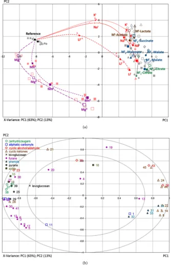 Figure 5. Scores (above) and Correlation Loadings (below) Plots of the combined pyroly-sis data from both series of impregnated papers (anions and cations)