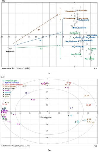 Figure 2. Scores (above) and Correlation Loadings (below) plots of the pyrolysis data from paper samples impregnated with various anionic salt solutions