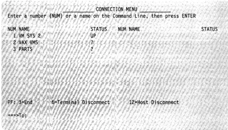 Figure 2-1. Sample Connection Menu (3270 Emulation). Type in the number or name of the host you want to connect to
