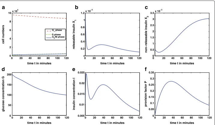 Figure 5 Solution of the complete model over 120 minutes. The simulation presents the physiologicalcase of the glucose-insulin regulatory system over 120 minutes after a high initial glucose value