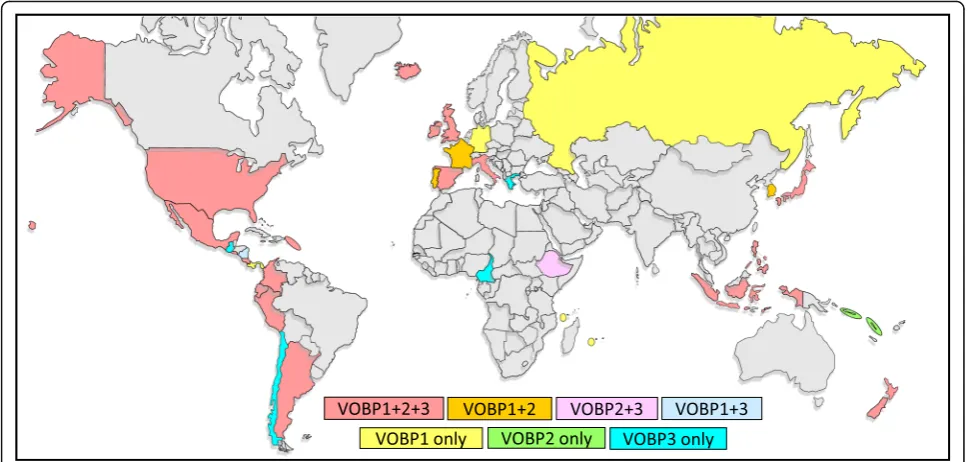 Fig. 1 Global map showing nations represented at the VOBP workshops. Colors show nations that attended one or more of the workshops.National areas are not proportional to attendance, as typically only one to four observatory leaders from each nation were a