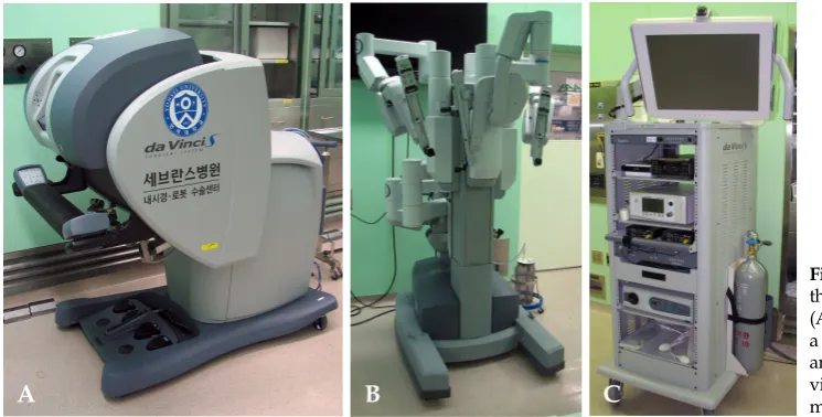 Fig. 1. Three components ofthe da Vincisurgical system.(A) the surgeon's console, (B)a cart with robotic arms, (C)an electronic tower holdingvideo and air inflation equip-ment.