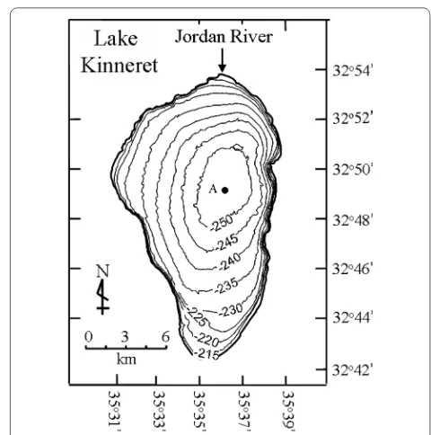 Figure 1 Map of Lake Kinneret, bathymetry, and the position of sampling station A.