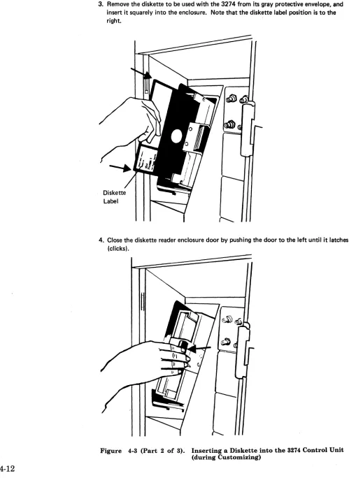 Figure 4-3 (Part 2 of 3). Inserting a Diskette into the 3274 Control Unit (during Customizing) 