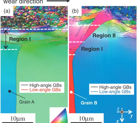 Fig. 4IPF maps of wear-affected zones, where a vertical grain boundaryexisted before each wear test