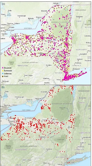 Figure 2.2. Map of New York State (a) Food Waste Generators – Hospitality, Restaurants, Institutions and Retail; (b) CAFOs – Cattle, Dairy and Swine 