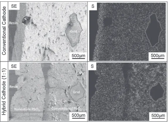 Fig. 10SE and S K¡ images on cross section of conventional cathode and hybrid cathode (1 : 1) after discharge-charge cycle test.