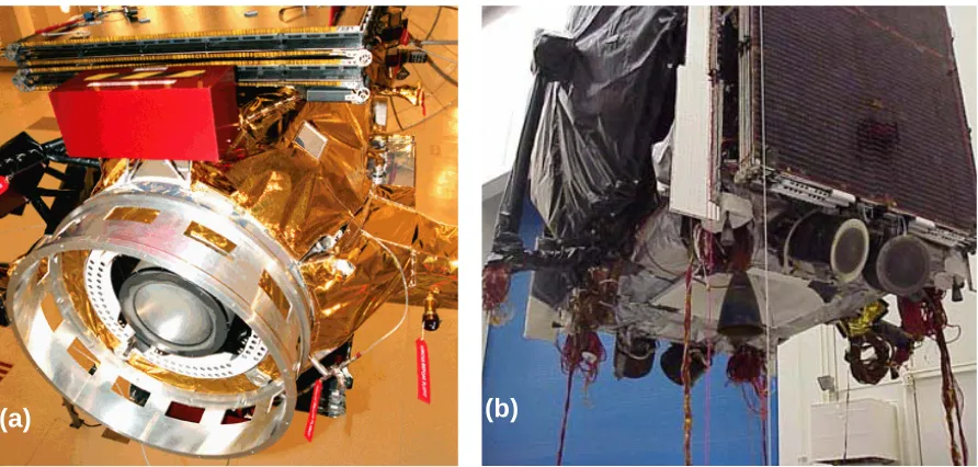 Figure 1.1: (a) The NSTAR thruster mounted on the Deep Space 1 spacecraft and (b) the Boeing XIPS-25 thrusters mounted on a 702 communications satellite