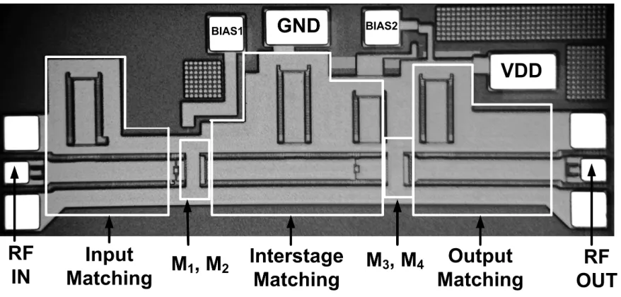 Figure 3.11 Die micrograph of the amplifier; chip size: 0.7mm x 1.8mm. 