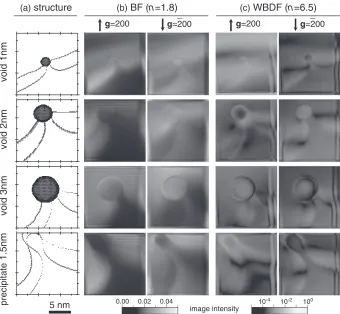 Fig. 2Comparison between defect structure (a) and typical simulated images for g = 200 and g ¼ 200�