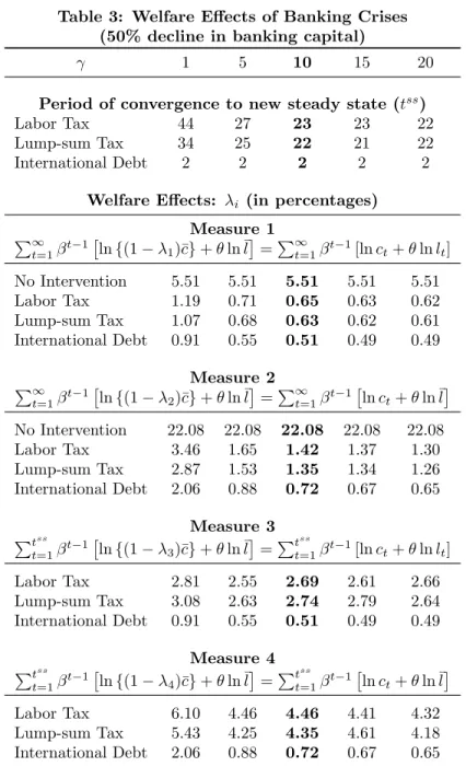 Table 3: Welfare Effects of Banking Crises (50% decline in banking capital)