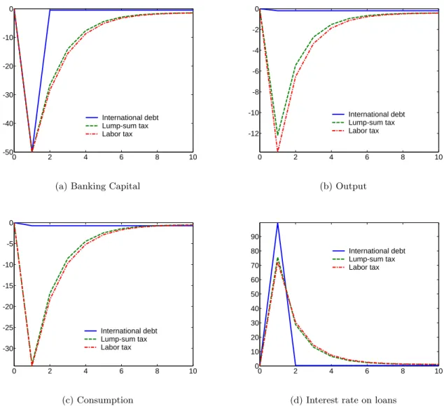 Figure 1: Dynamics in the Aftermath of a Banking Crisis under the Three Recapitalization Programs.