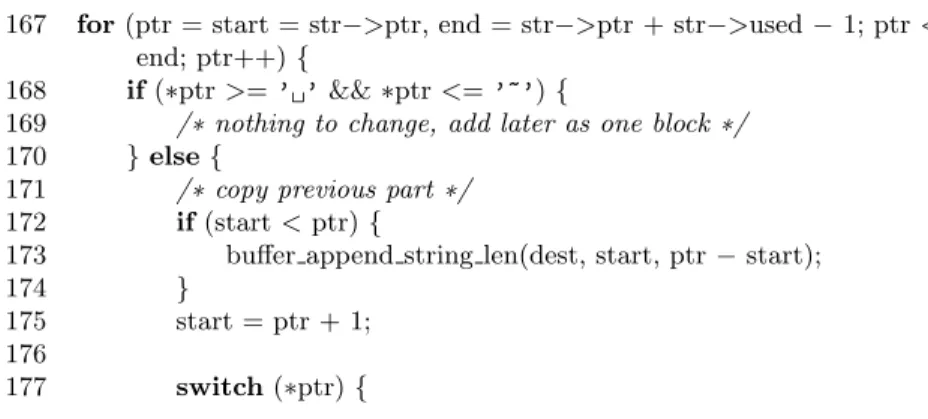 Fig. 5. Part of lighttpd revision 2747, which introduces output buffering for the access log