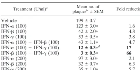 FIG. 1. IFN-�mation on Vero cells. (A) Efﬁciency of HSV-1 plaque formation onVero cells treated with 100 U/ml of IFN-(that formed on vehicle-treated cells